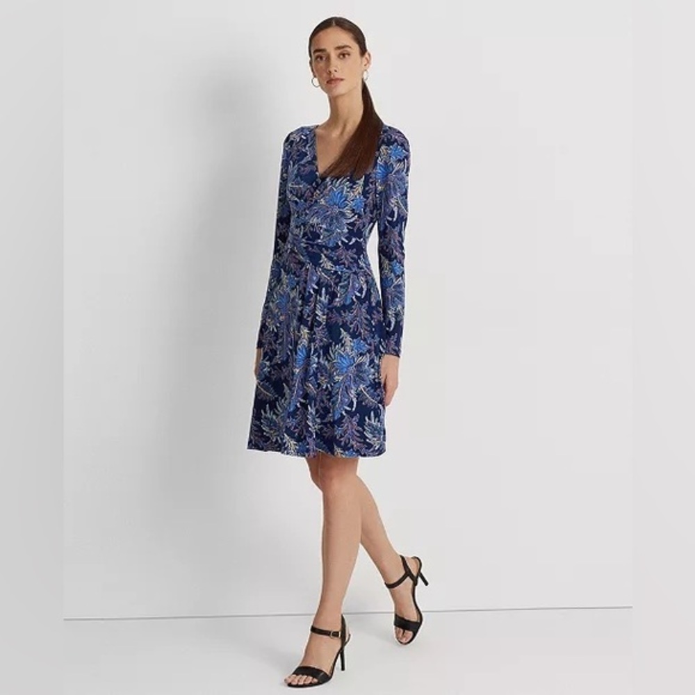 Ralph Lauren Floral Print Surplice V-Neck Long Sleeve Faux Wrap Dress